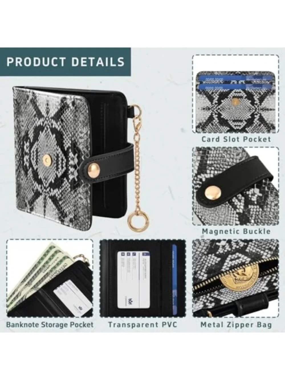 Stylish Gray Snake Skin Print Bifold Wallet for Women - Slim PU Leather Card